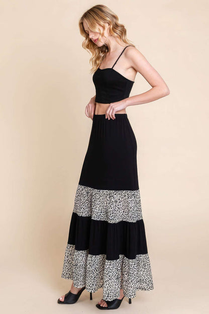 Long Tiered Contrast Fashion Skirt With Velvet Animal Print Mesh - The Diva Goddess