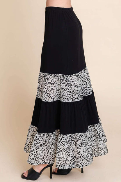 Long Tiered Contrast Fashion Skirt With Velvet Animal Print Mesh - The Diva Goddess