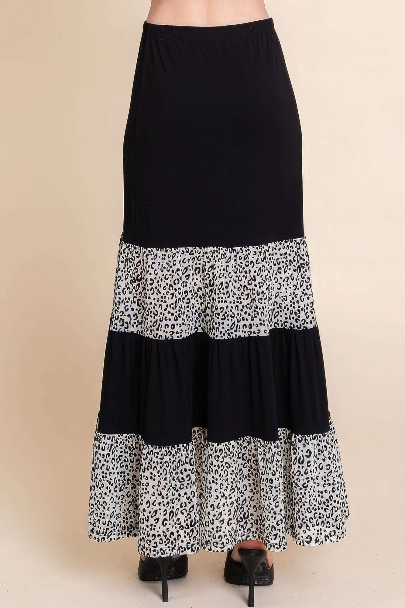 Long Tiered Contrast Fashion Skirt With Velvet Animal Print Mesh - The Diva Goddess