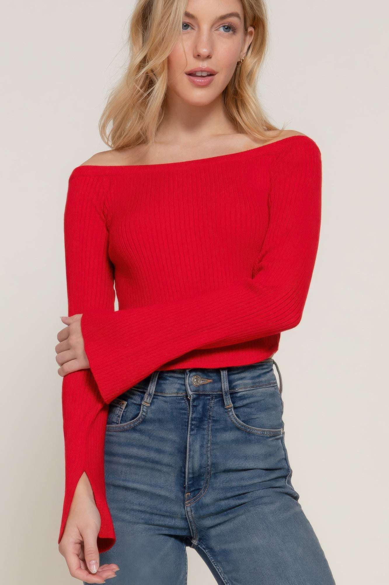 Long flare slv off shoulder sweater - The Diva Goddess