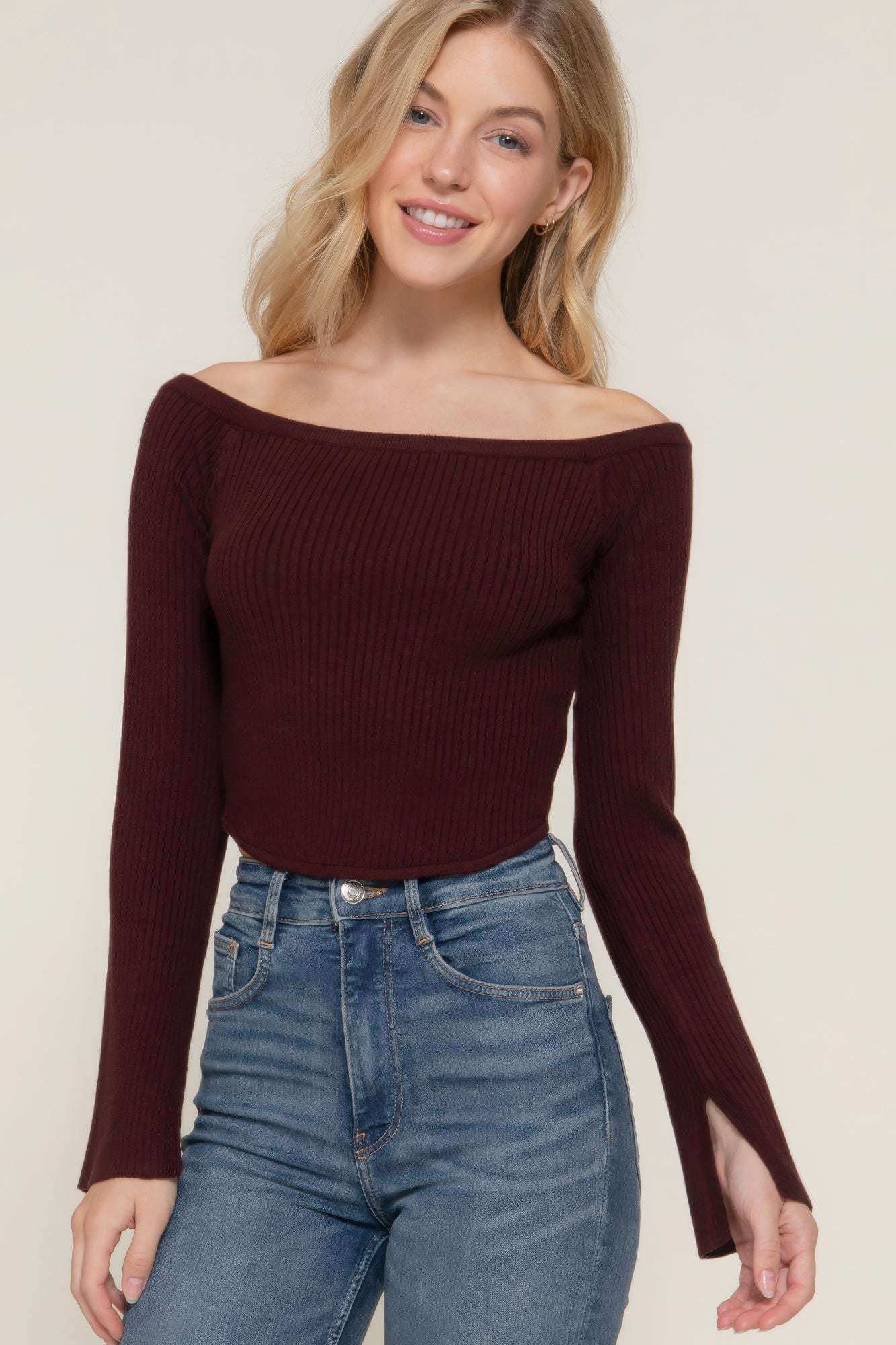 Long flare slv off shoulder sweater - The Diva Goddess