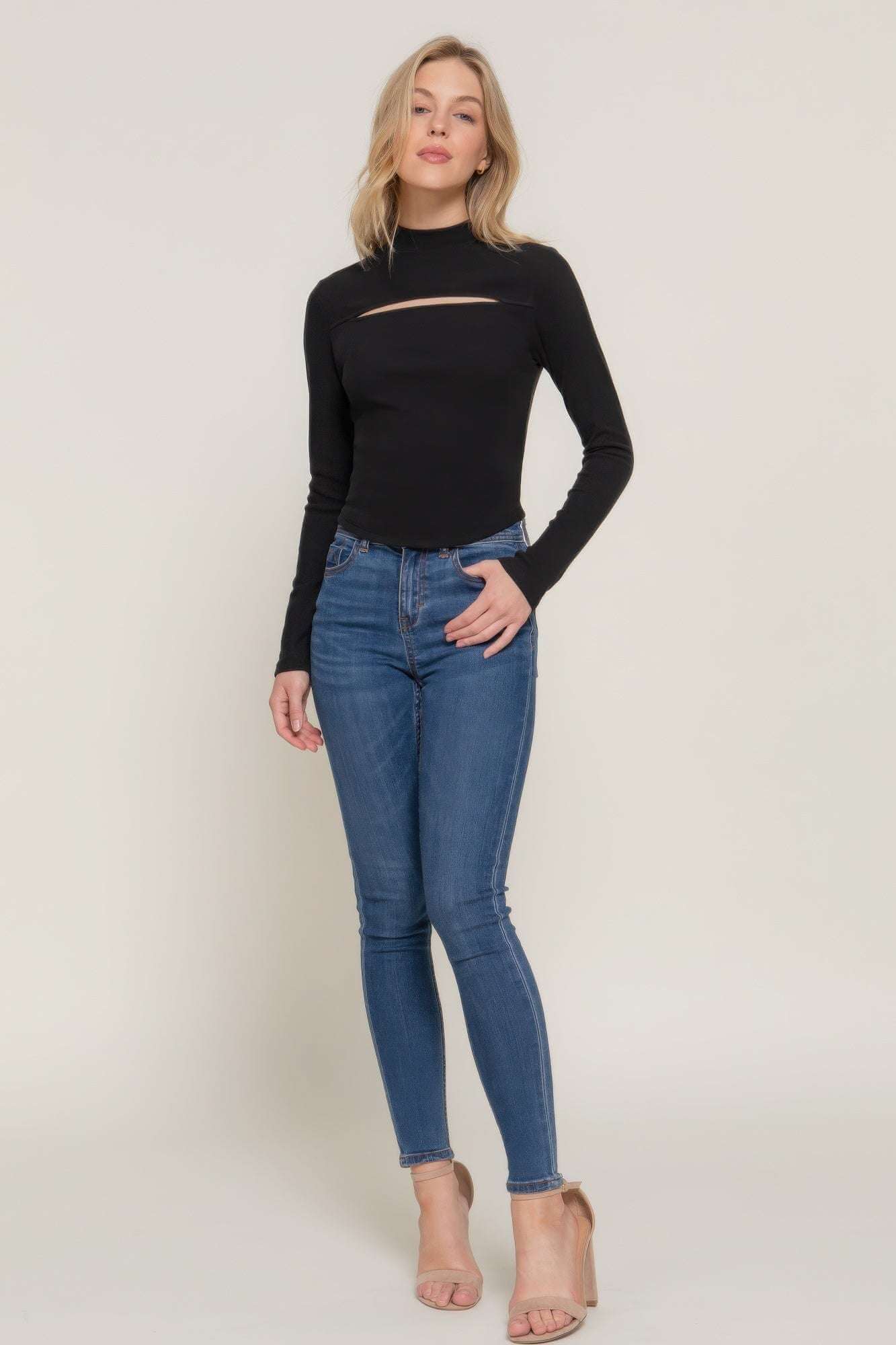 Long slv mock neck kyehole rib knit top - The Diva Goddess