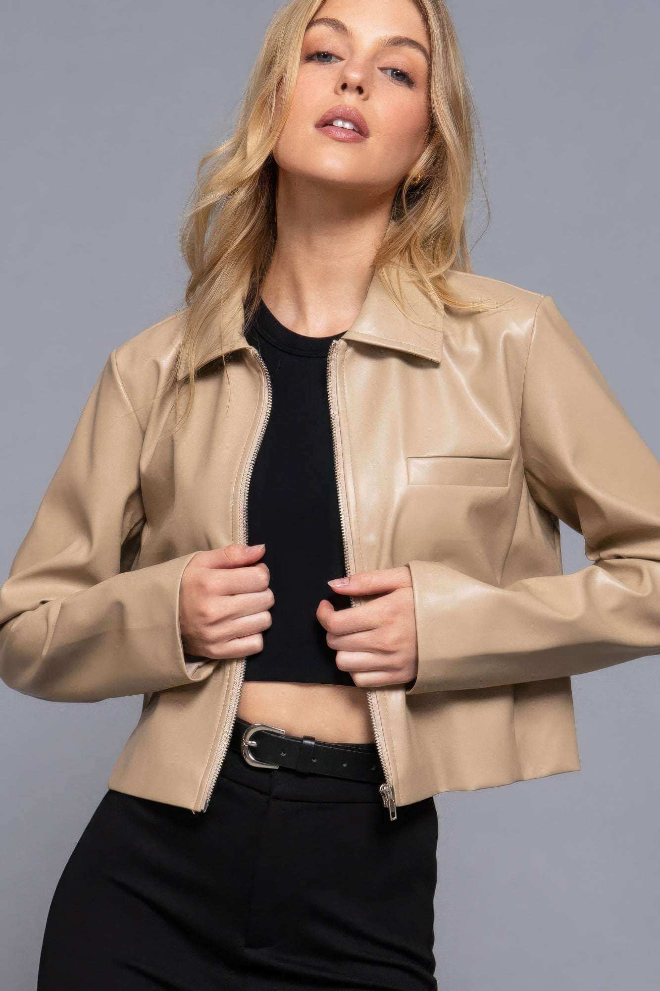 Long slv shirt collar faux leather jacket - The Diva Goddess