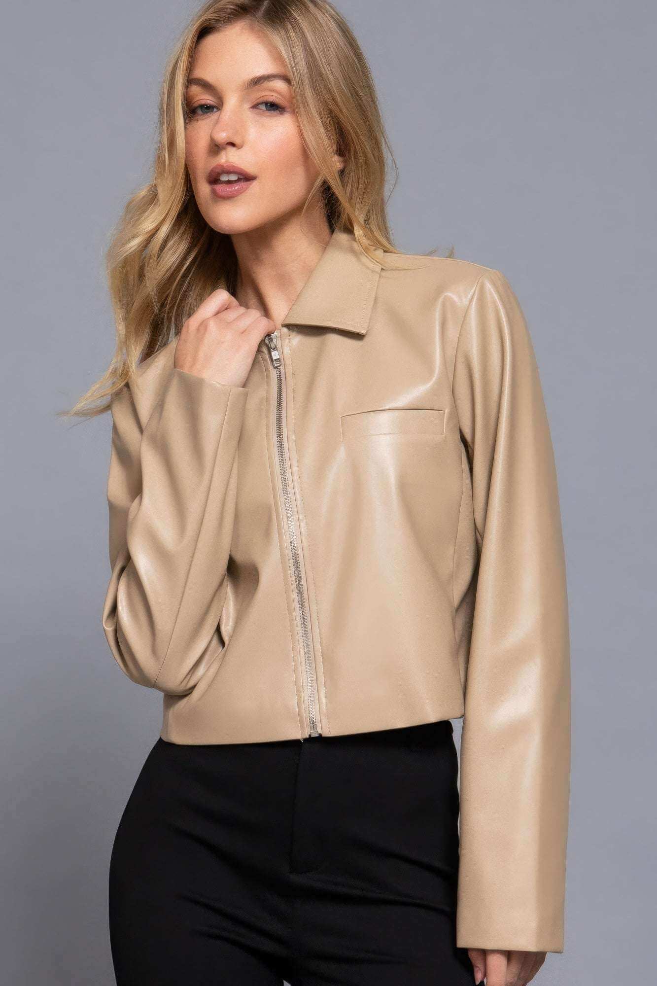 Long slv shirt collar faux leather jacket - The Diva Goddess