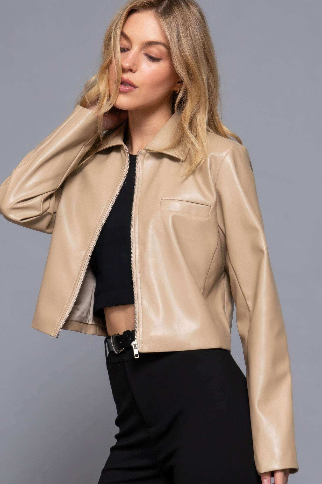 Long slv shirt collar faux leather jacket - The Diva Goddess