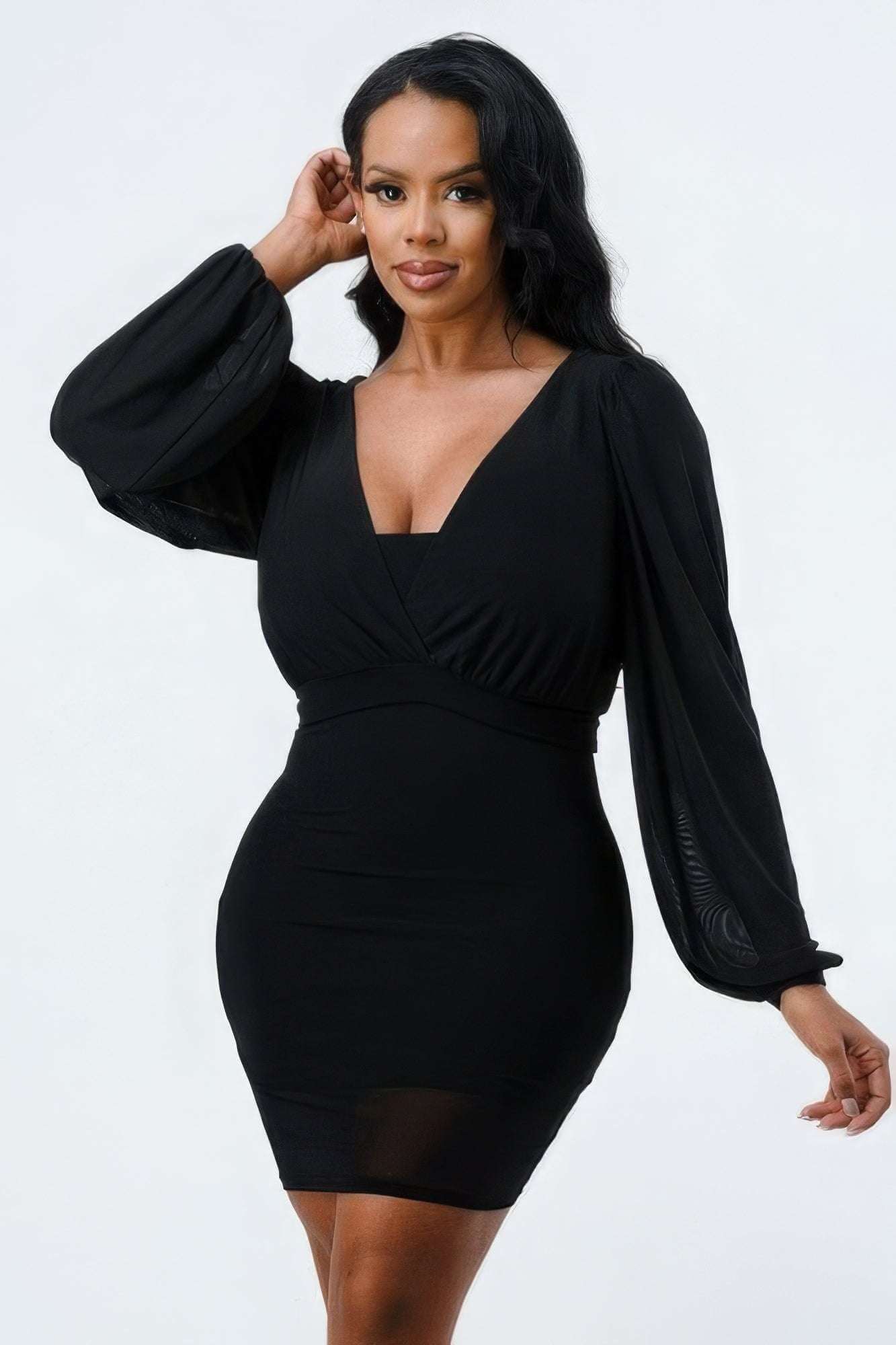 Lux Mesh Layered Lining V Neck Bubble Slv Bodycon Dress - The Diva Goddess