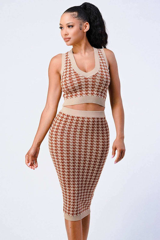 Luxe Gingham Rib Knit Top And Skirt Sets - The Diva Goddess