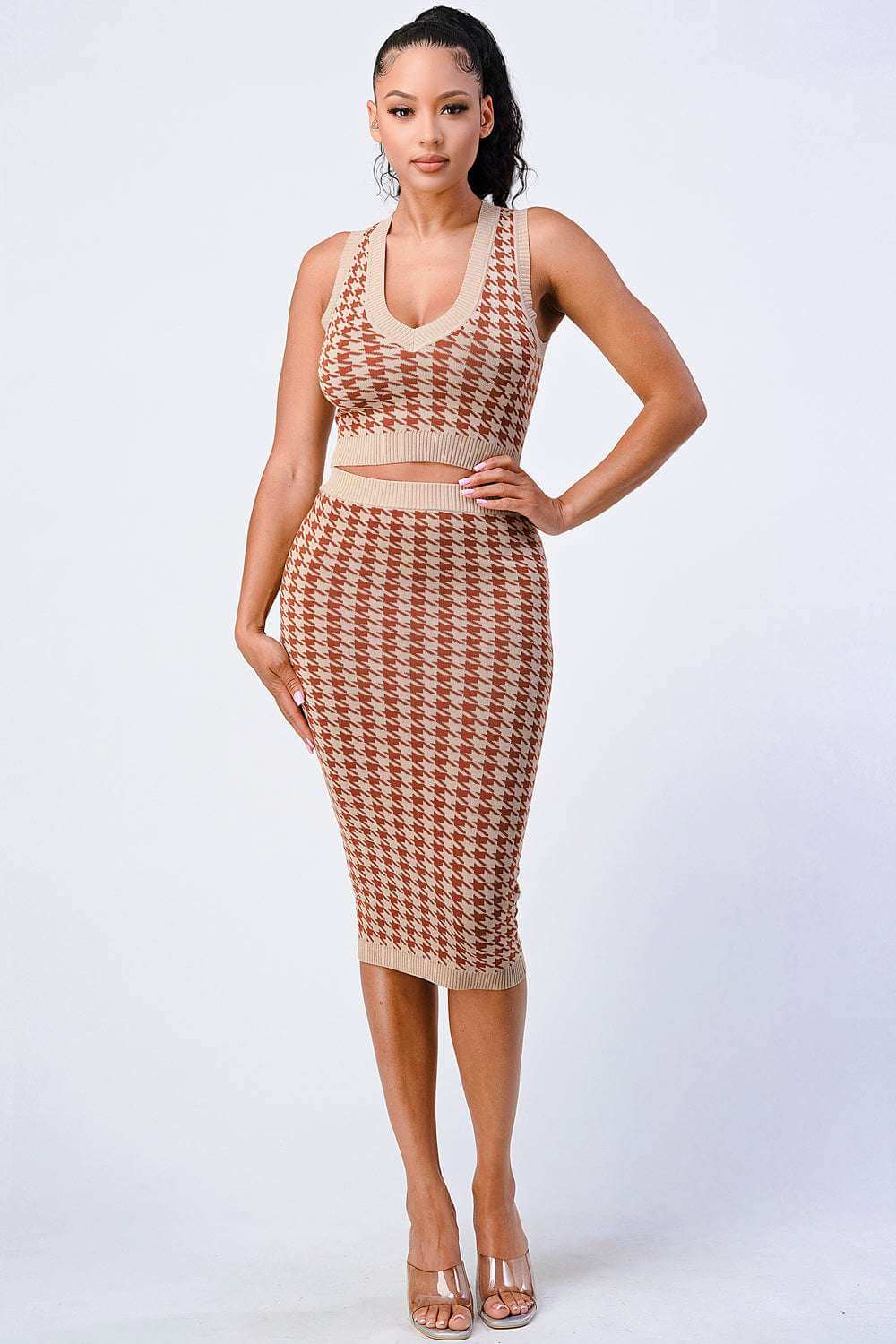 Luxe Gingham Rib Knit Top And Skirt Sets - The Diva Goddess