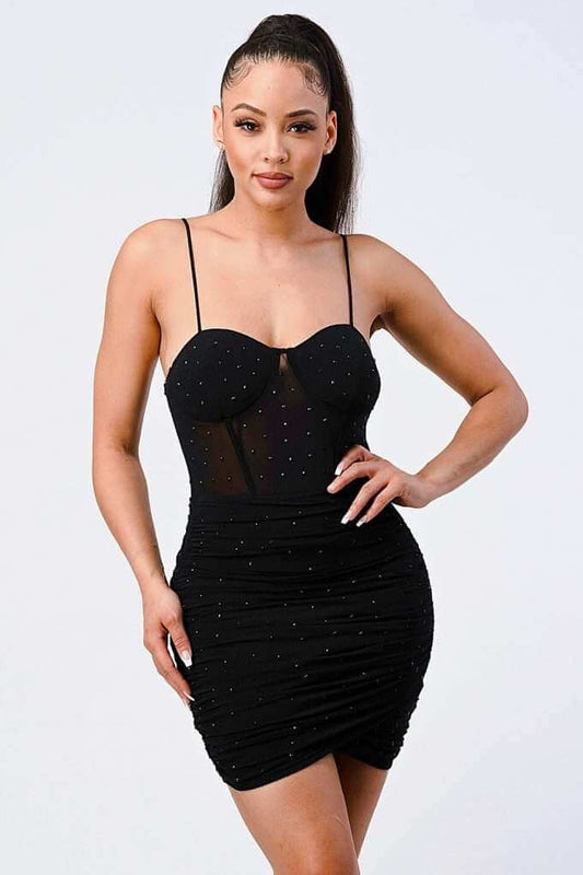 Luxe Glitter Front Mesh Ribbed Cami Mini Dress - The Diva Goddess