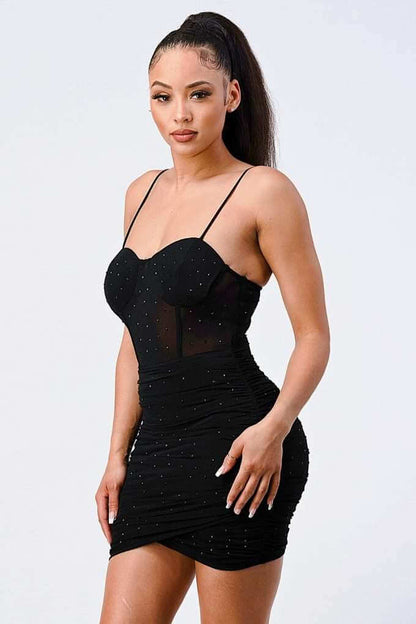 Luxe Glitter Front Mesh Ribbed Cami Mini Dress - The Diva Goddess