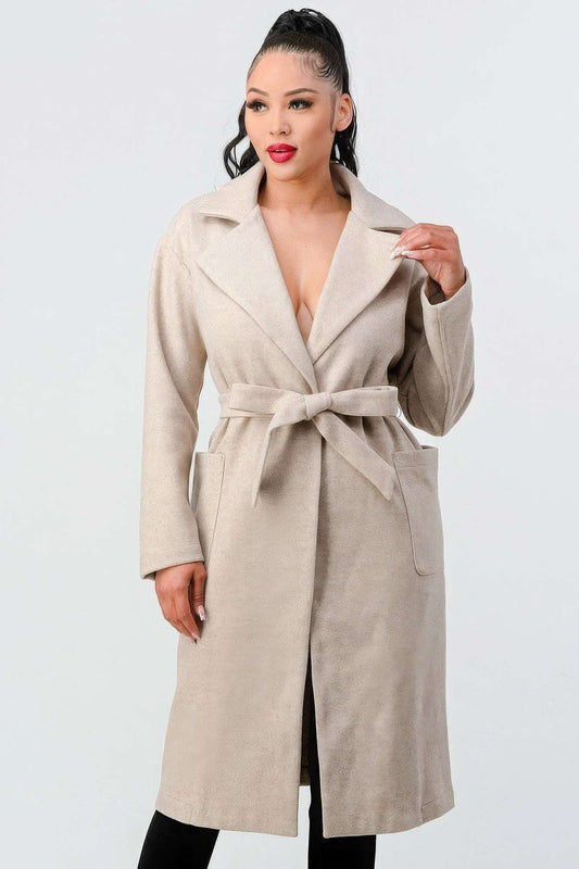 Luxe Wool Waist Tie Side Pockets Midi Length Coat - The Diva Goddess