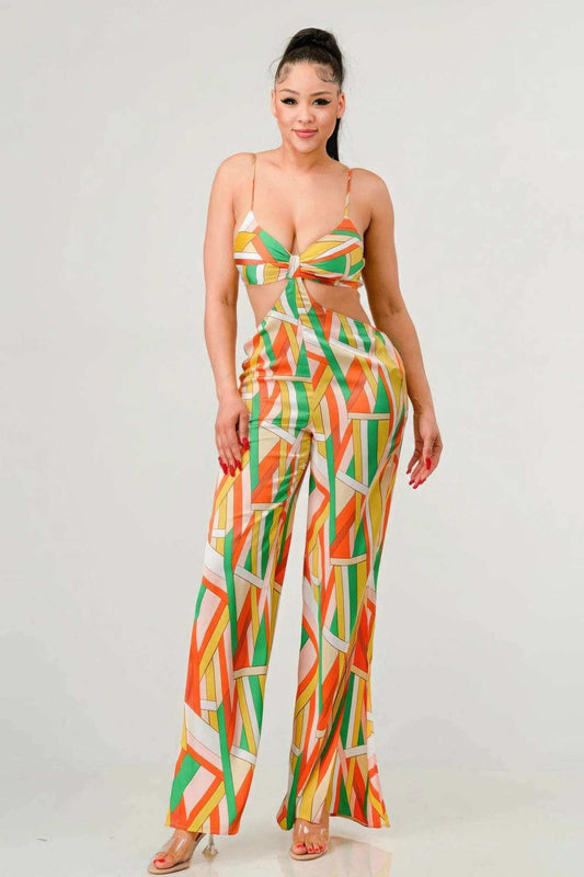 Luxe geo print satin bra top and palazzo jumpsuit - The Diva Goddess