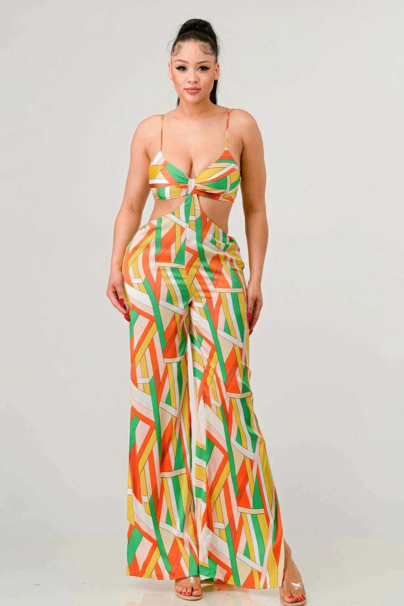 Luxe geo print satin bra top and palazzo jumpsuit - The Diva Goddess