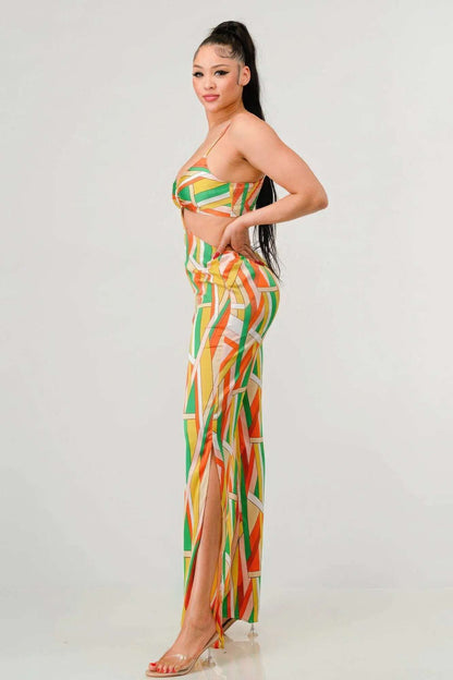 Luxe geo print satin bra top and palazzo jumpsuit - The Diva Goddess