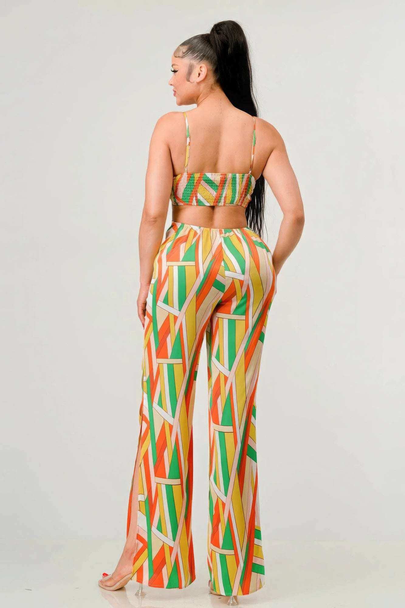 Luxe geo print satin bra top and palazzo jumpsuit - The Diva Goddess