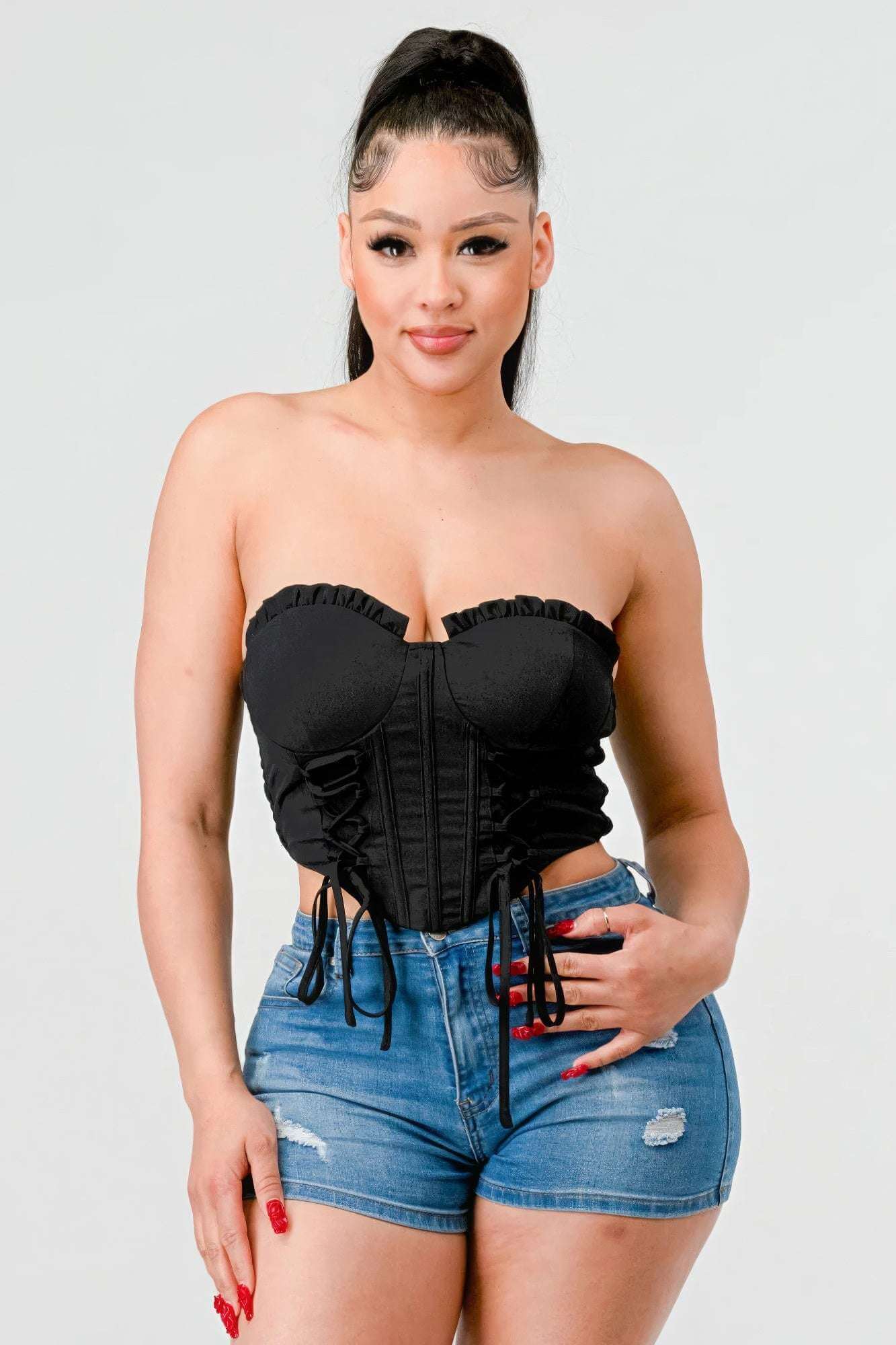 Luxe sweetheart ruffled drawstring lace bustier top - The Diva Goddess