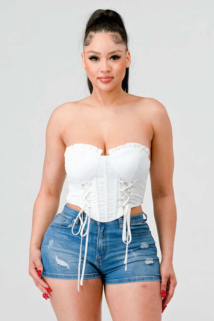 Luxe sweetheart ruffled drawstring lace bustier top - The Diva Goddess