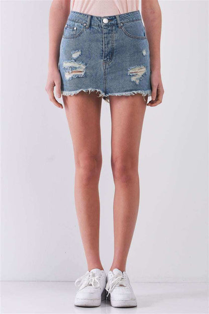 Medium Blue Washed Denim Ripped High Waist Raw Hem Detail Mini Skirt - The Diva Goddess