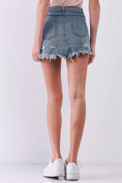 Medium Blue Washed Denim Ripped High Waist Raw Hem Detail Mini Skirt - The Diva Goddess