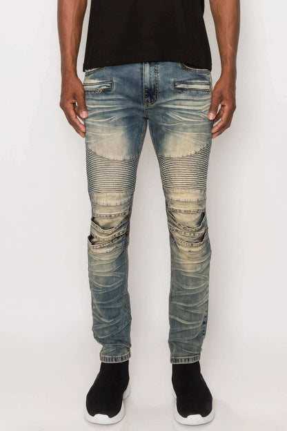 Men Creased Biker Denim Jeans - The Diva Goddess