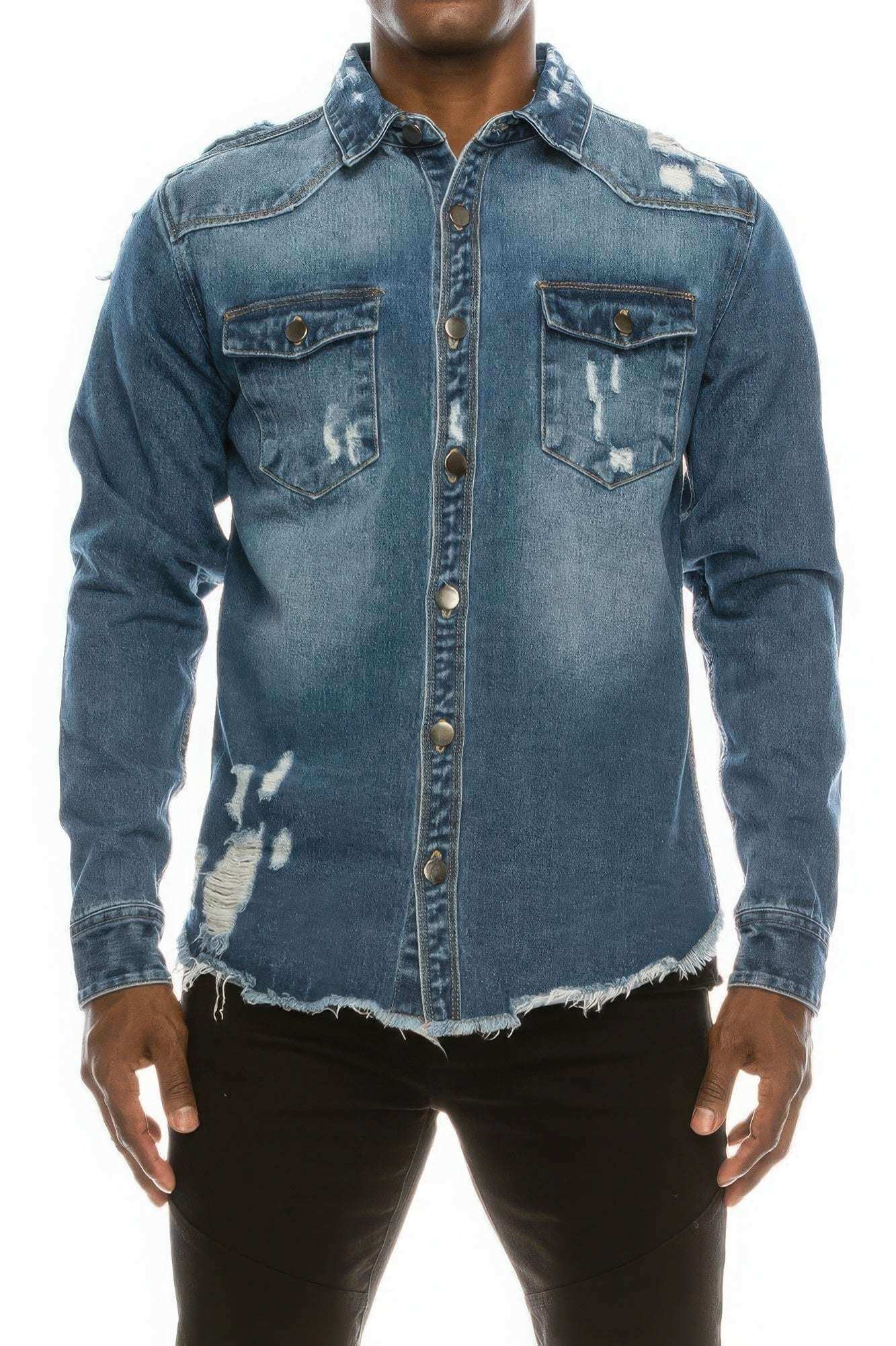 Men's Ripped Denim Overshirt - The Diva Goddess