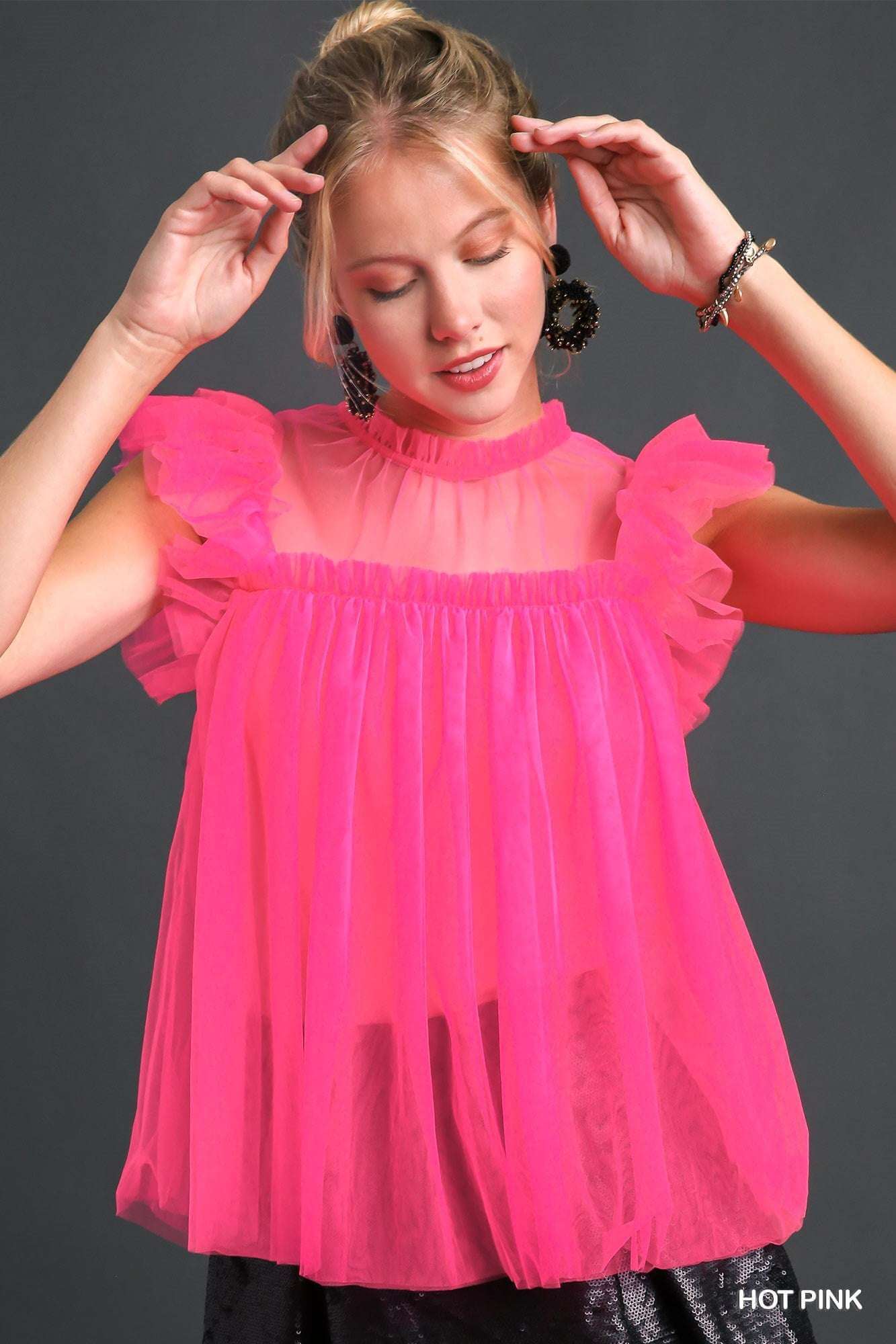 Mesh Ruffle Sleeve & Round Neck Top - The Diva Goddess