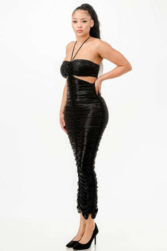 Metallic Rushed Halter Dress - The Diva Goddess