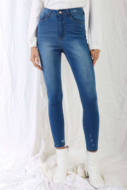 Mid Blue High-waisted With Rips Skinny Denim Jeans - The Diva Goddess