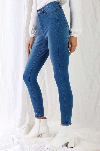 Mid Blue High-waisted With Rips Skinny Denim Jeans - The Diva Goddess