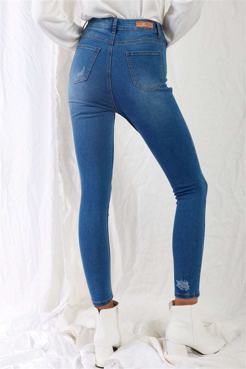 Mid Blue High-waisted With Rips Skinny Denim Jeans - The Diva Goddess