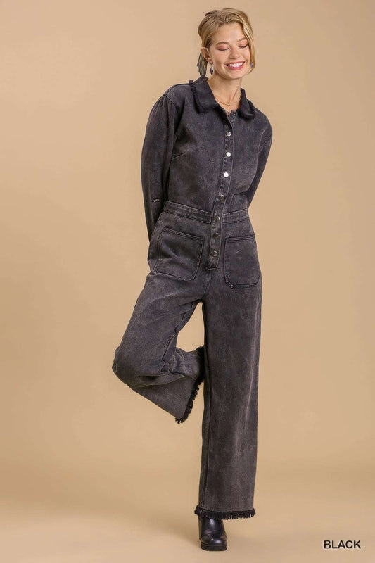 Mid button down stone wash wide leg distressed jumpsuit & side pockets with no lining - The Diva Goddess