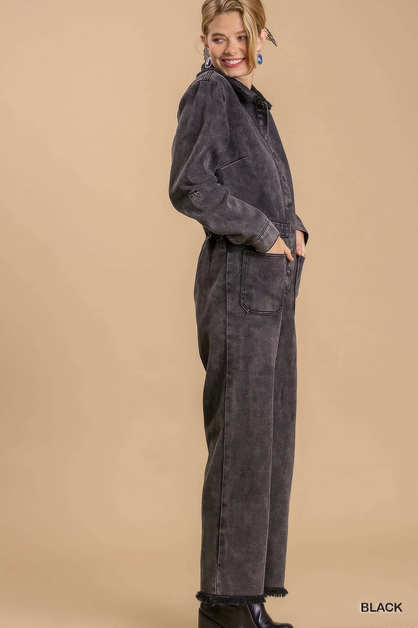 Mid button down stone wash wide leg distressed jumpsuit & side pockets with no lining - The Diva Goddess