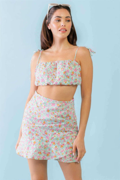 Mint Fuchsia Print Cotton Sleeveless Strappy Crop Top & High Waist Wrap Hem Mini Skirt Set - The Diva Goddess