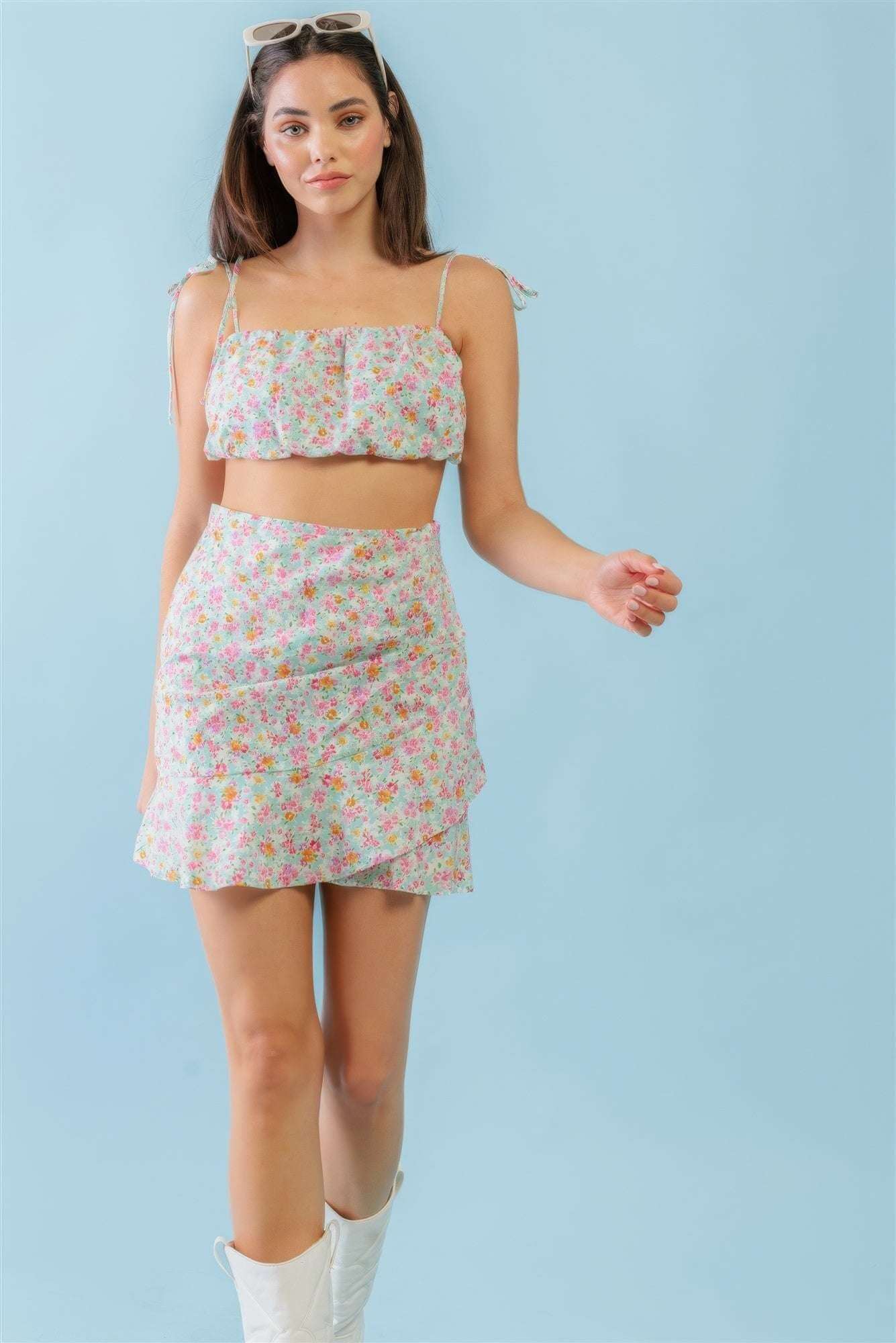 Mint Fuchsia Print Cotton Sleeveless Strappy Crop Top & High Waist Wrap Hem Mini Skirt Set - The Diva Goddess