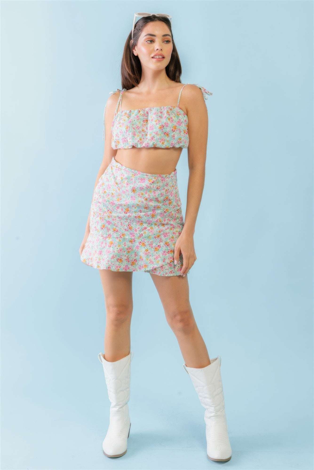 Mint Fuchsia Print Cotton Sleeveless Strappy Crop Top & High Waist Wrap Hem Mini Skirt Set - The Diva Goddess