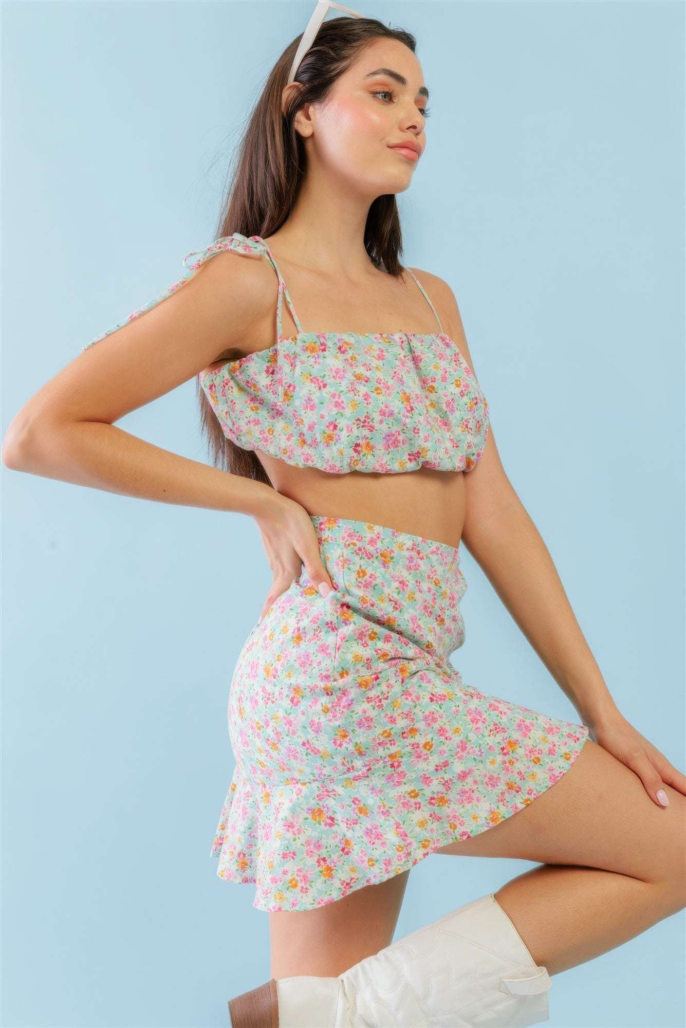 Mint Fuchsia Print Cotton Sleeveless Strappy Crop Top & High Waist Wrap Hem Mini Skirt Set - The Diva Goddess