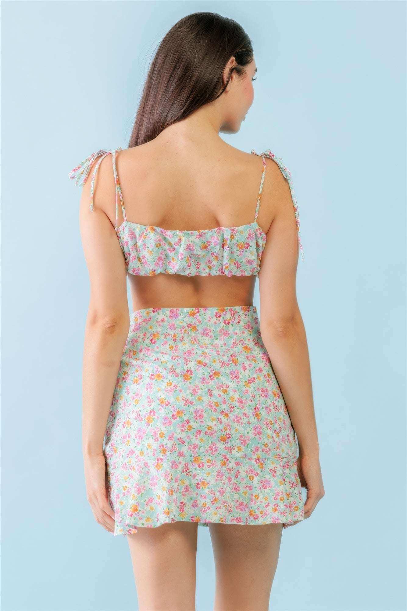 Mint Fuchsia Print Cotton Sleeveless Strappy Crop Top & High Waist Wrap Hem Mini Skirt Set - The Diva Goddess