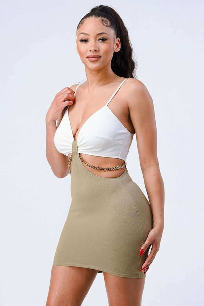 Multi Fabric Bralette Side Cutout With Gold Chain Zipper Closure Back Bodycon Mini Dress - The Diva Goddess