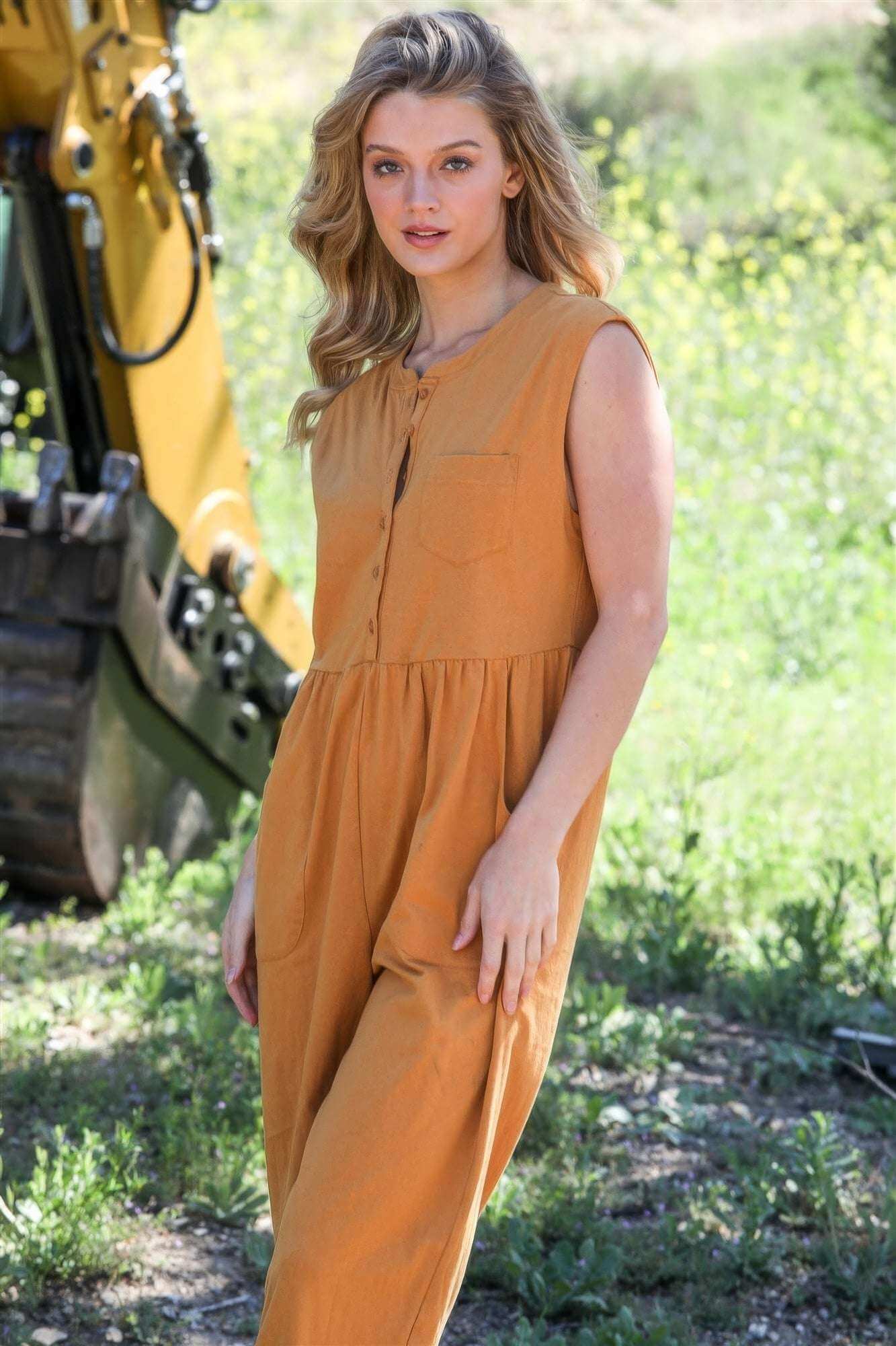 Mustard Cotton Front Button Up Detail Sleeveless Jumpsuit - The Diva Goddess