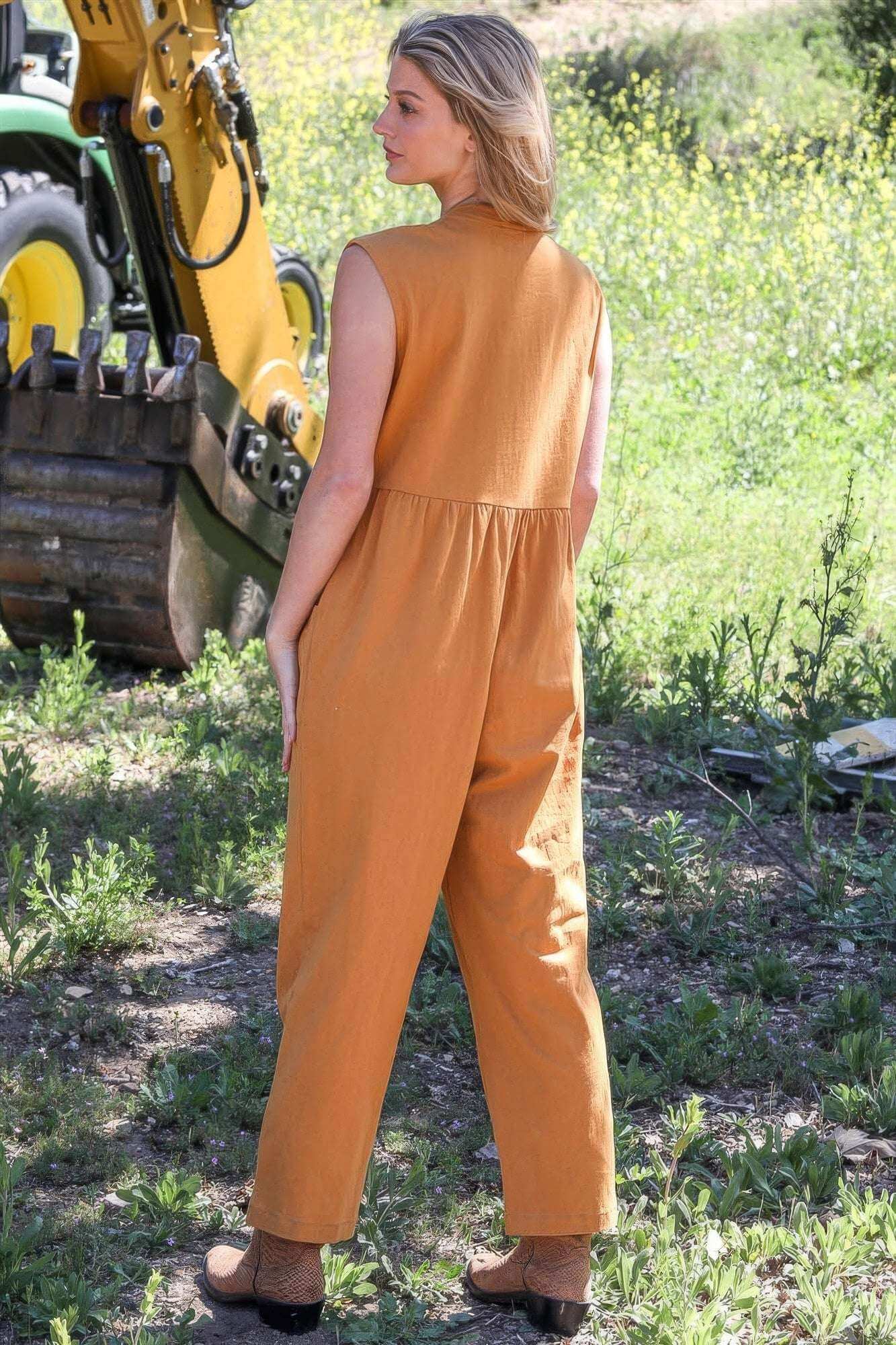 Mustard Cotton Front Button Up Detail Sleeveless Jumpsuit - The Diva Goddess