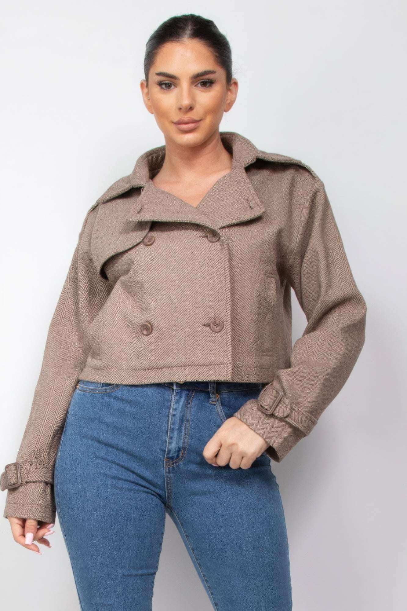 Notch Buckled Sleeve Crop Trench Coat - The Diva Goddess