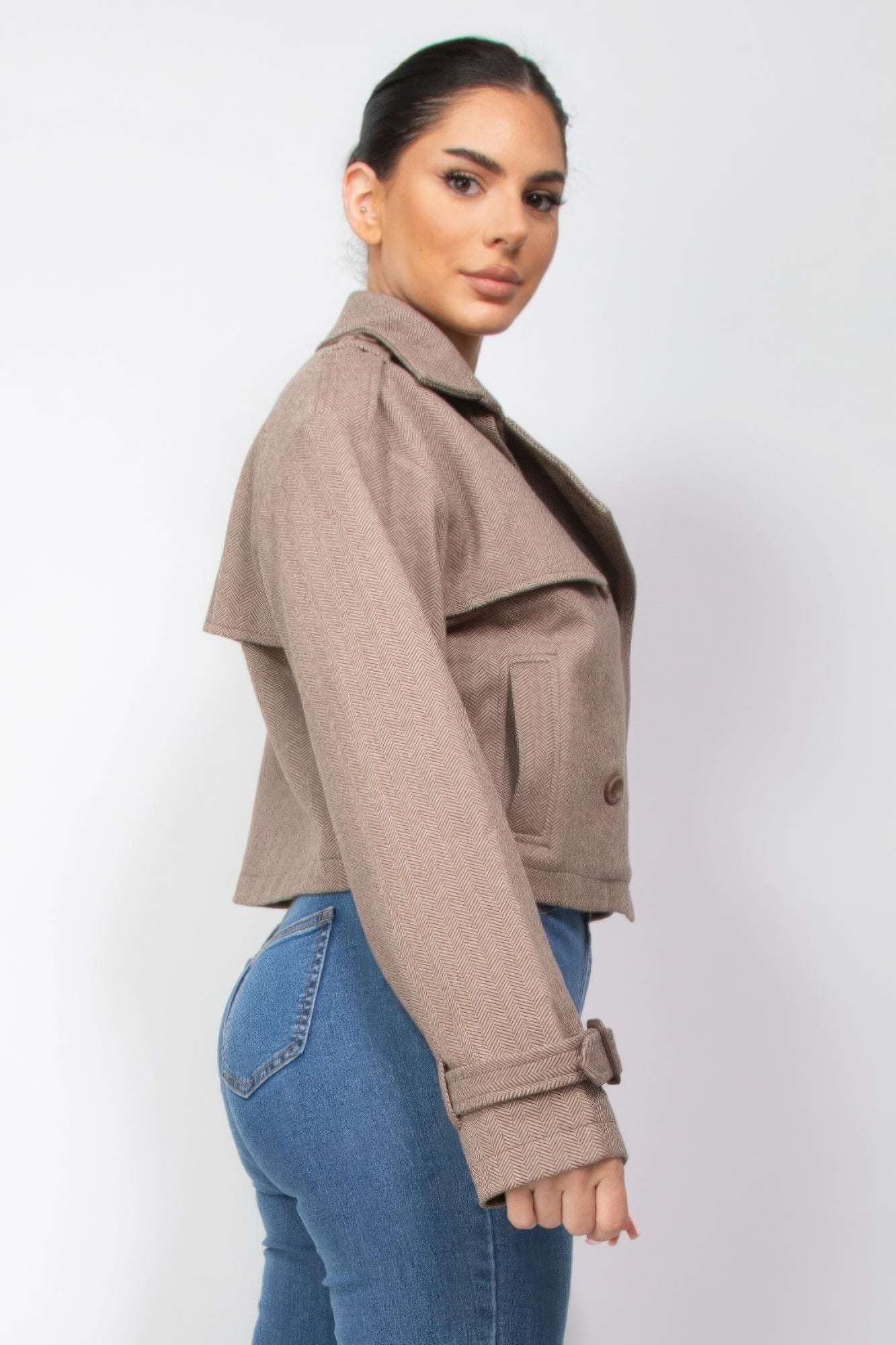 Notch Buckled Sleeve Crop Trench Coat - The Diva Goddess