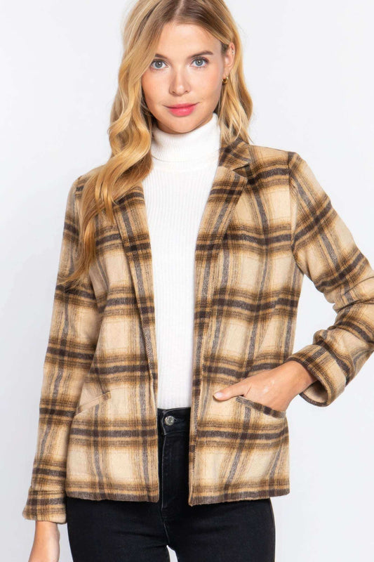 Notched Collar Plaid Jacket - The Diva Goddess