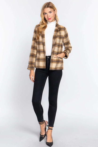 Notched Collar Plaid Jacket - The Diva Goddess