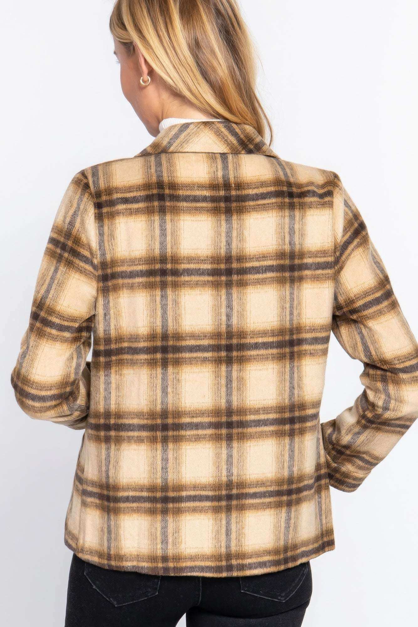 Notched Collar Plaid Jacket - The Diva Goddess