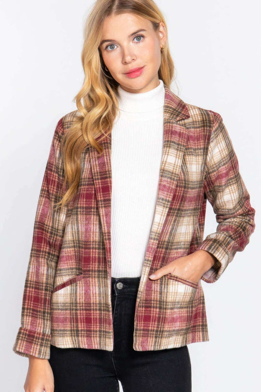 Notched Collar Plaid Jacket - The Diva Goddess