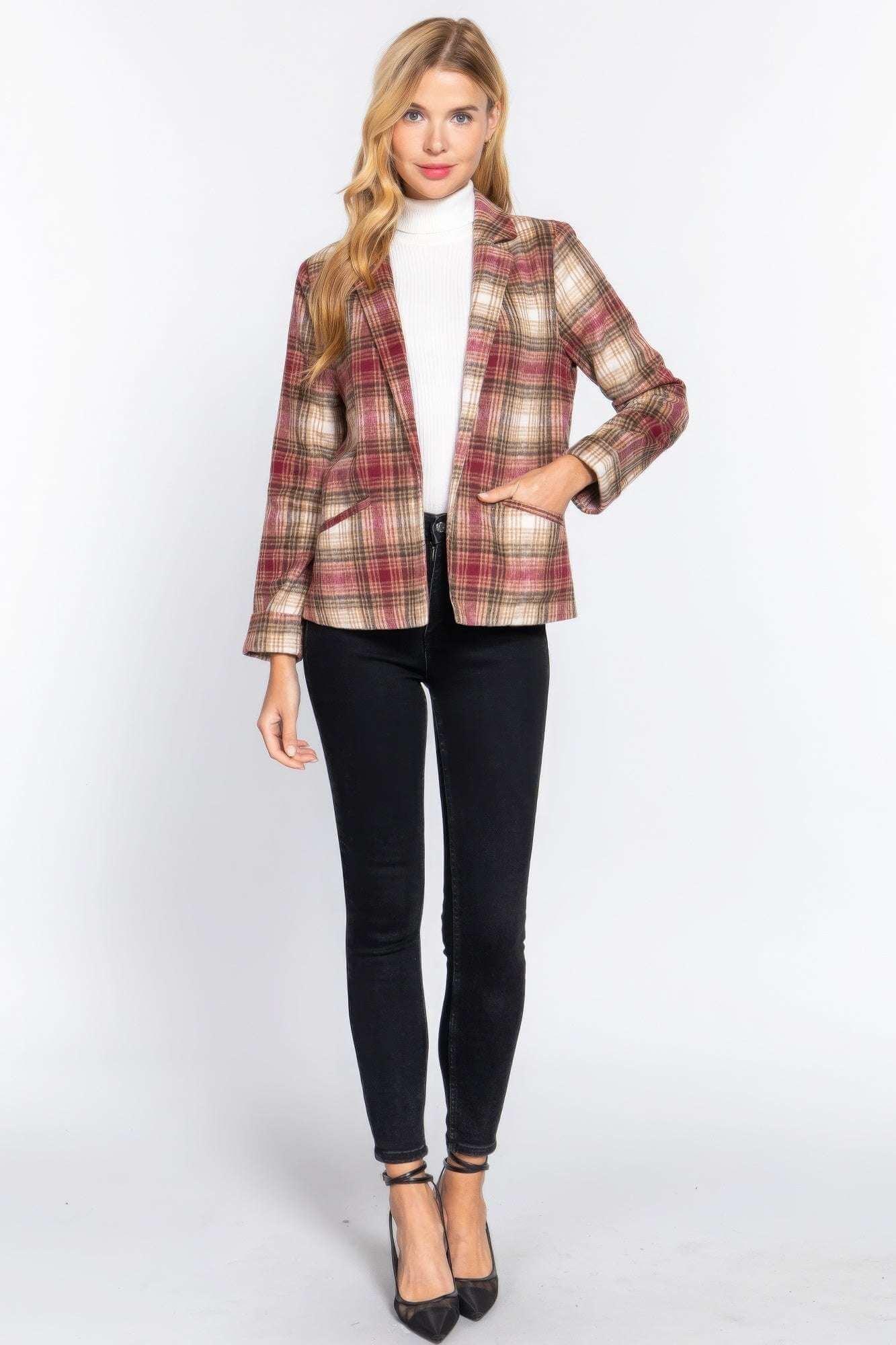 Notched Collar Plaid Jacket - The Diva Goddess