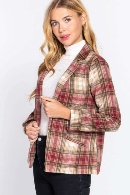 Notched Collar Plaid Jacket - The Diva Goddess