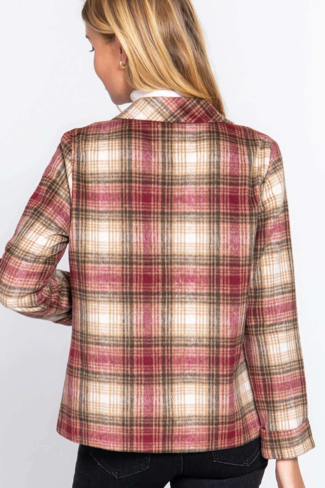 Notched Collar Plaid Jacket - The Diva Goddess