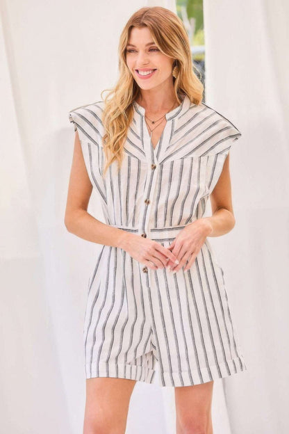 Notched Neck Button Elastic Band Waist Stripe Print Romper - The Diva Goddess